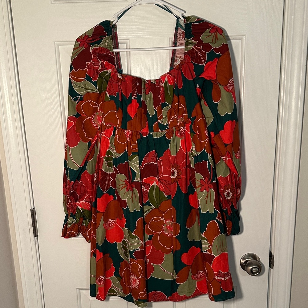 Fantastic Fawn Floral Long Sleeve Dress - Red and Green